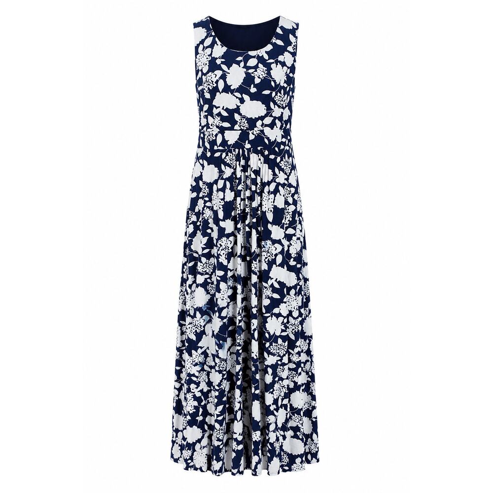 Coldwater Creek Floral Maxi Dress Navy White Sleeveless Stretch Women’s 14 (LG)